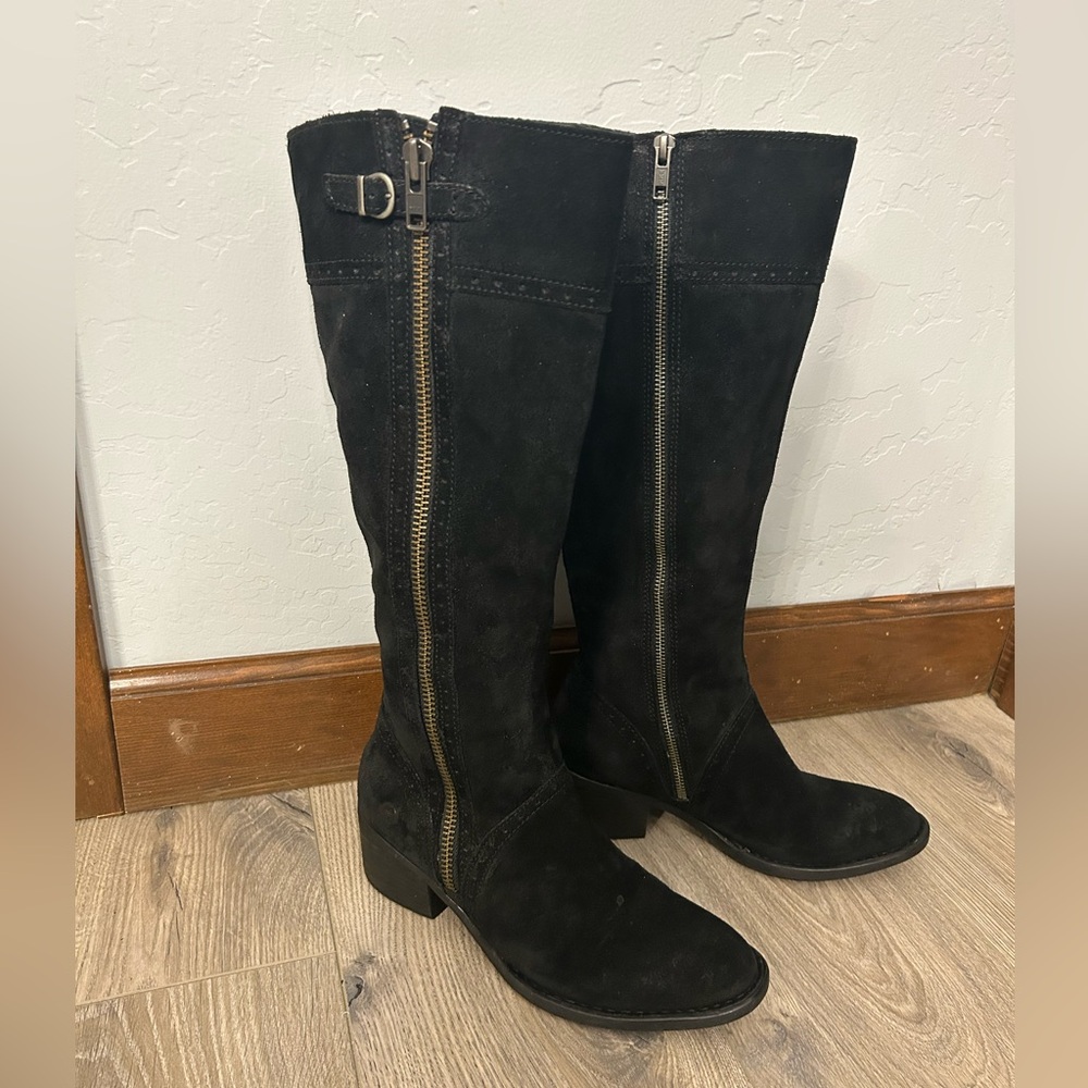 Born Polly Black Suede Zip Detail Comfort Distressed Riding Boots Size 8
